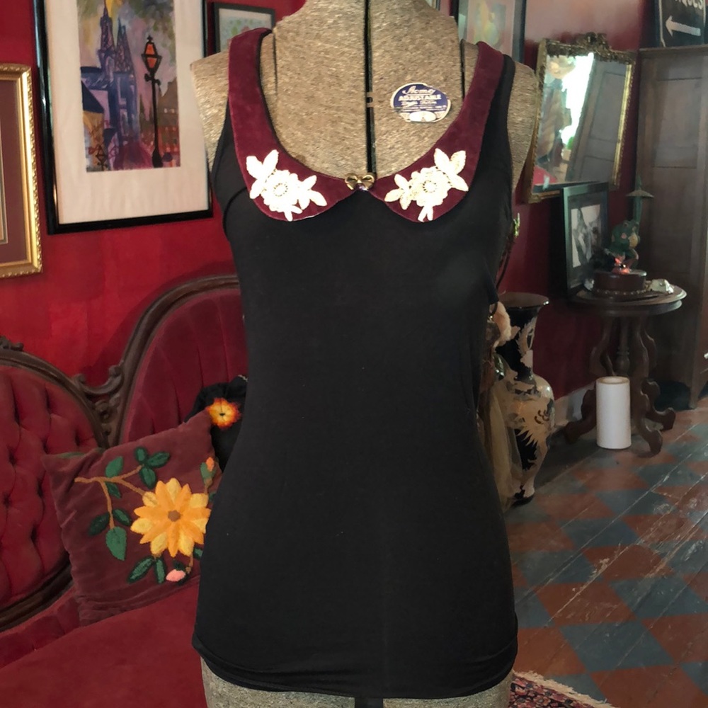 Black stretchy tank with embellished velvet collar